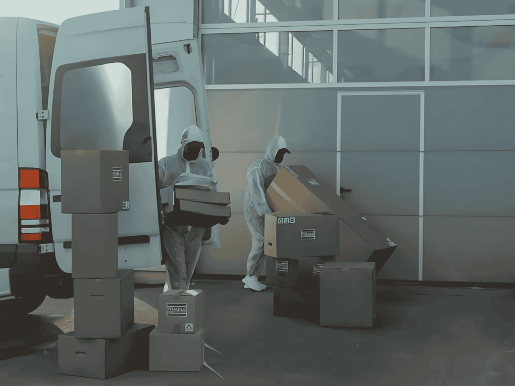 Professional movers handling packed boxes in Harrisburg, NC.