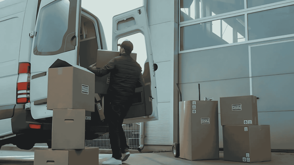 A mover unloading boxes from a van, showcasing Clockwork Moving Company's reliable commercial moving services in Charlotte, NC.