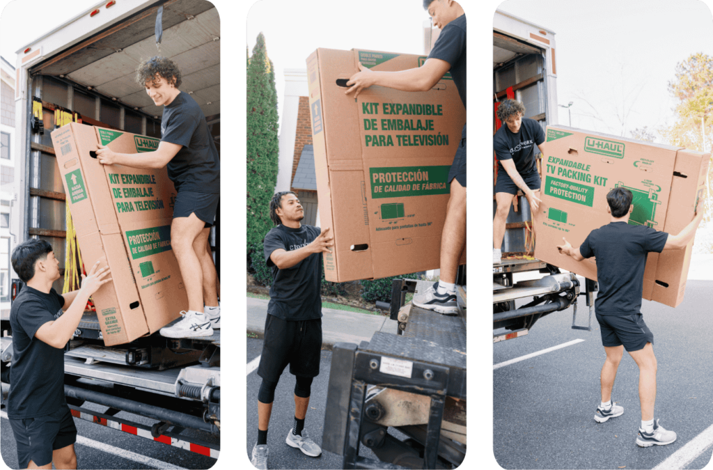 Step-by-step moving process captured in a collage showing movers handling a large TV packing kit with care, part of Clockwork Moving Company's professional services in Charlotte, NC.