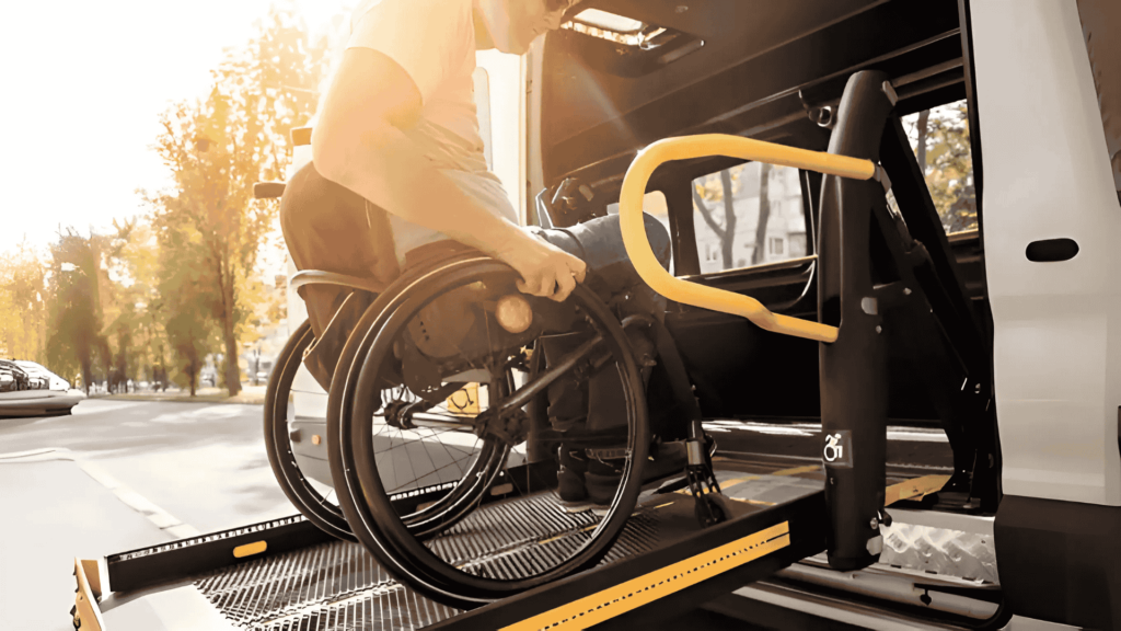 A senior individual in a wheelchair using a specialized ramp to board a moving vehicle, highlighting the accessible and professional senior moving services provided by Clockwork Moving Company in Charlotte, NC.