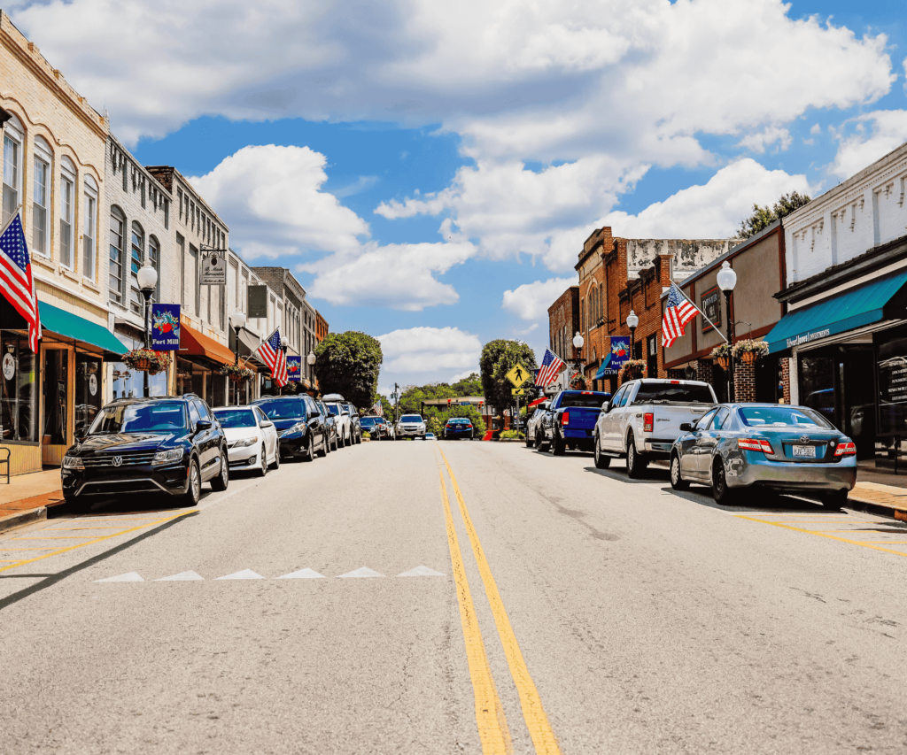 Tega Cay downtown area and storefronts - Clockwork Moving's trusted service area.